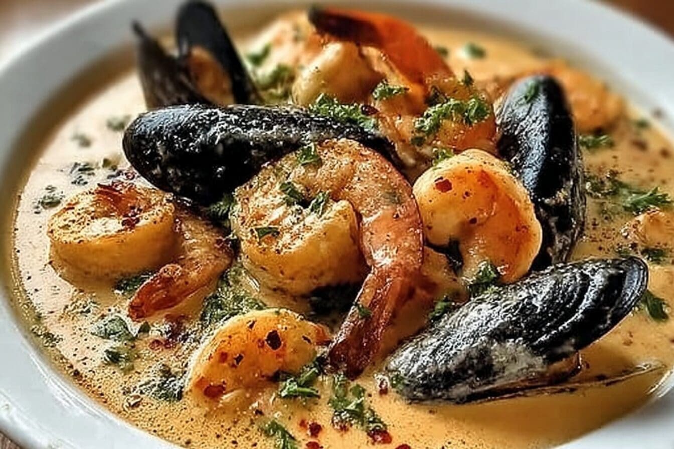 Shrimp And Mussels Creamy Garlic Sauce